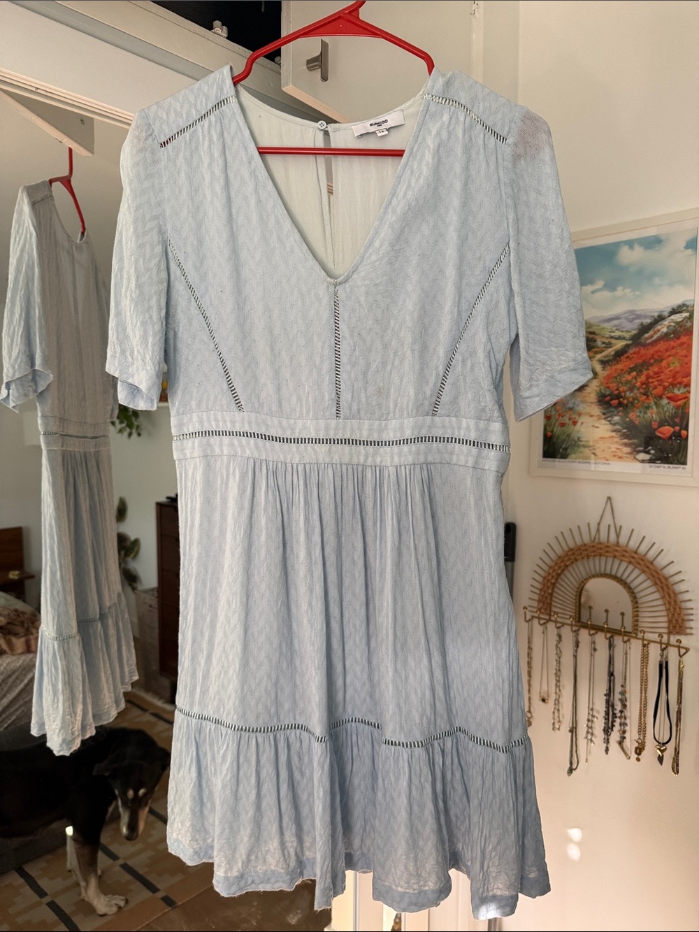 Suncoo Paris Light Blue V-Neck Tiered Mini Dress